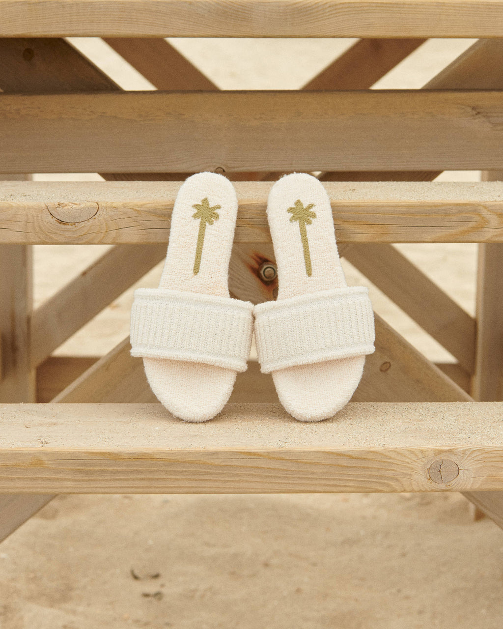 Terry Cotton Slide Sandals - Natural & Kaki Green Palm