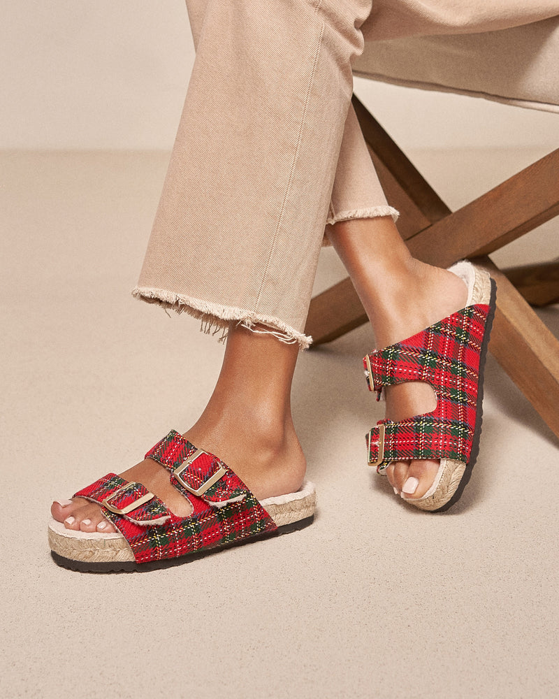 Wool Tartan And Faux Fur Nordic Sandals - Sankt Moritz - Red Green with Gold Buckles