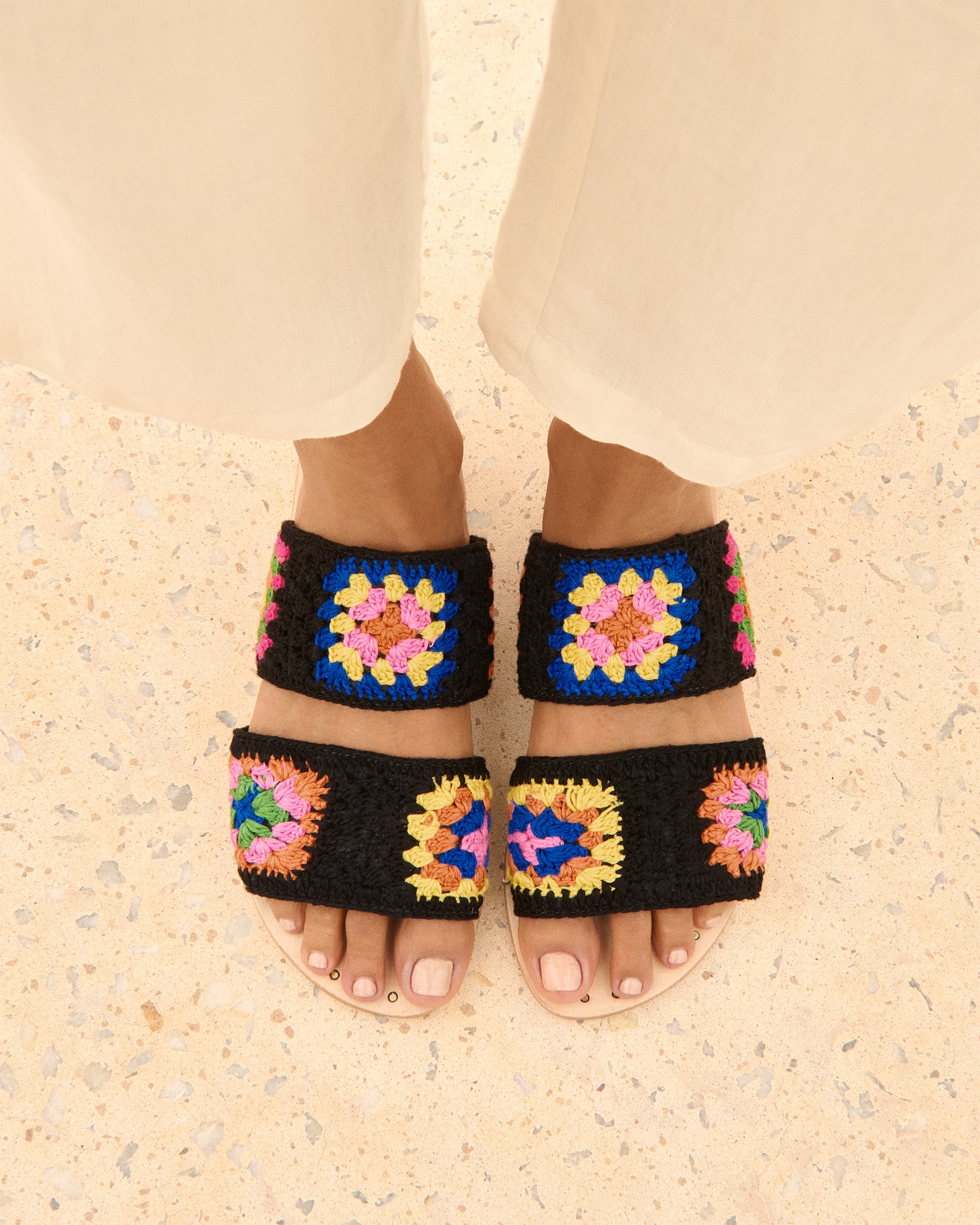Cotton Crochet Two Bands|Leather Sandals - Yucatán Black And Sunset Orange