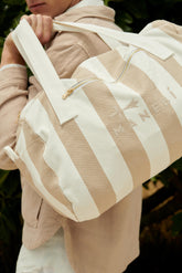 Canvas Weekend Bag - White And Beige Stripes | 