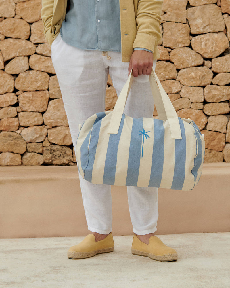Canvas Weekend Bag - Embroidered Logo - White And Indigo Stripes