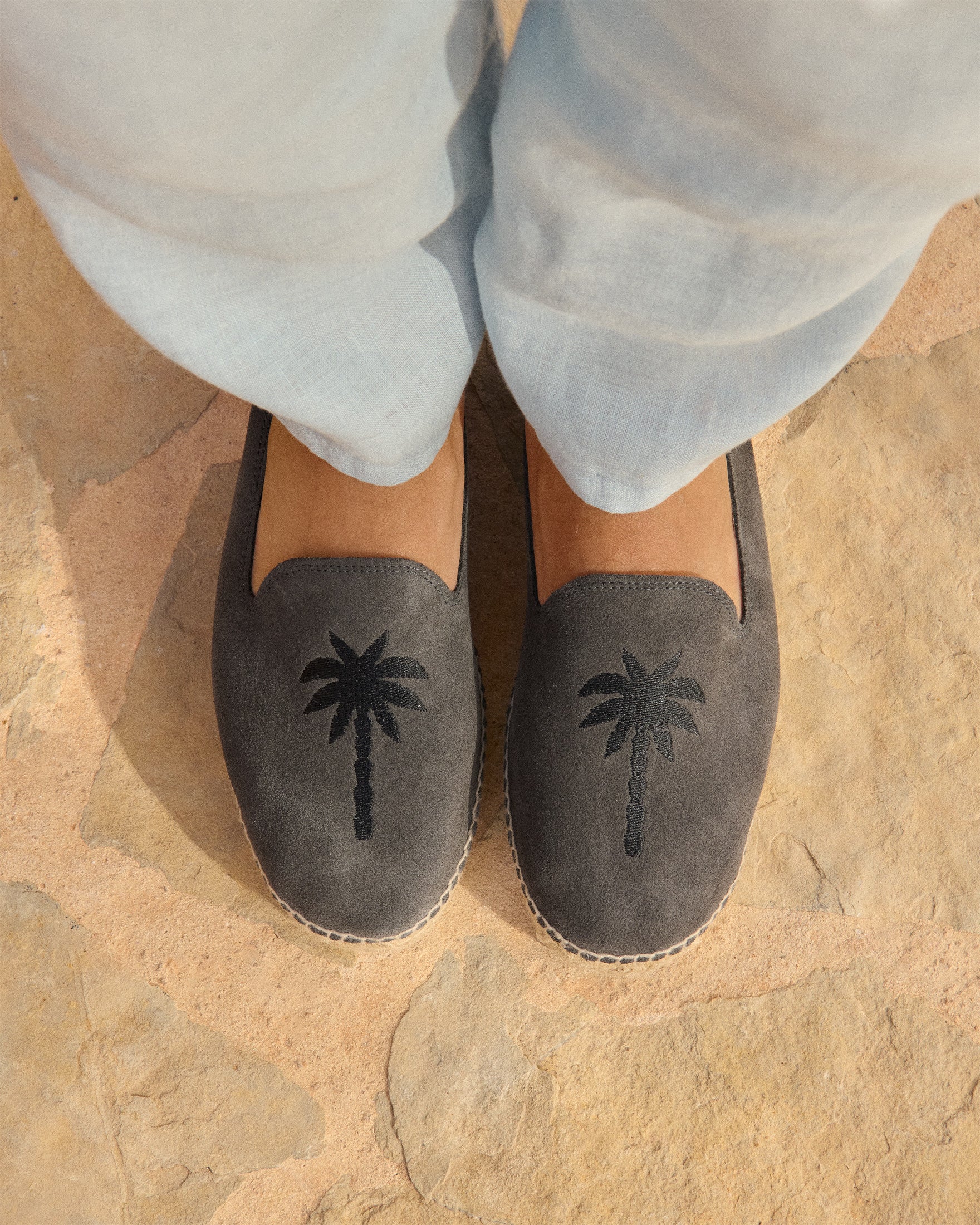 Manebí Suede With Embroidery Espadrilles - Palm Springs Carbon Grey + Black Palm