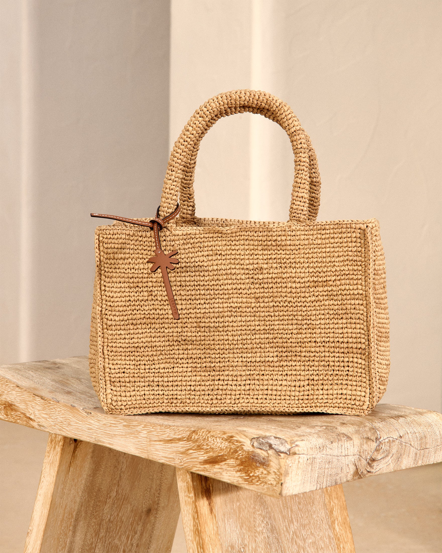 Raffia Sunset Bag Small - Palm Leather Tag Tan