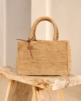Raffia Sunset Bag Small - Palm Leather Tag Tan | 
