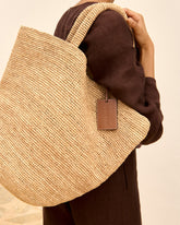 Raffia Summer Bag - Leather Handle & Palm Leather Tag Tan | 
