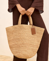 Raffia Summer Bag - Leather Handle & Palm Leather Tag Tan | 