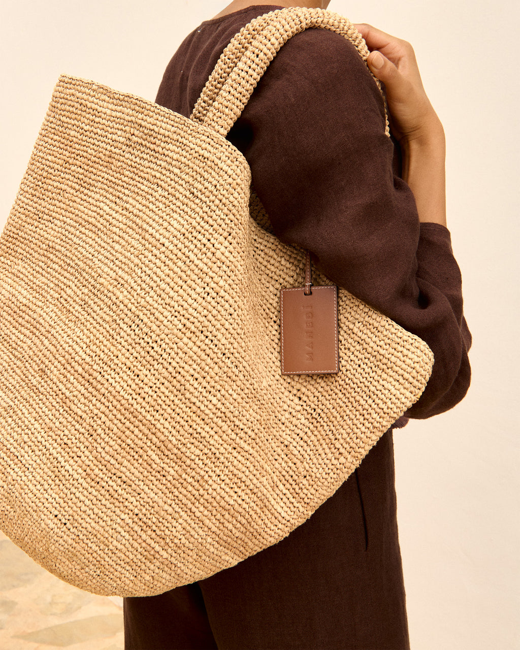 Raffia Summer Bag - Leather Handle & Palm Leather Tag Tan