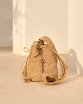 Raffia Beach Bucket - Palm Leather Tag Tan | 