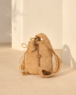 Raffia Beach Bucket - Palm Leather Tag Tan
