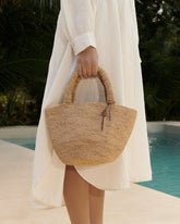 Raffia Summer Bag Medium - Leather Handle & Palm Leather Tag Tan | 