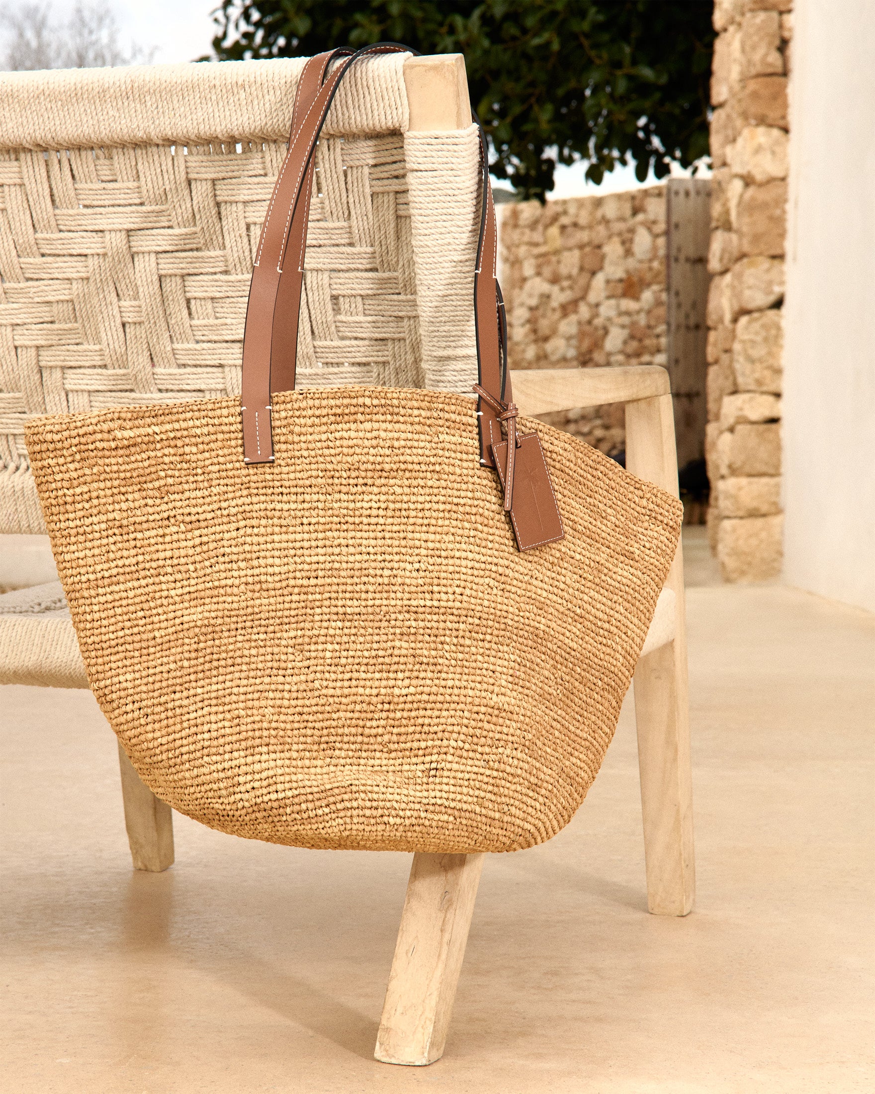 Natural Raffia and Leather|Basket Bag - Leather Tag Tan