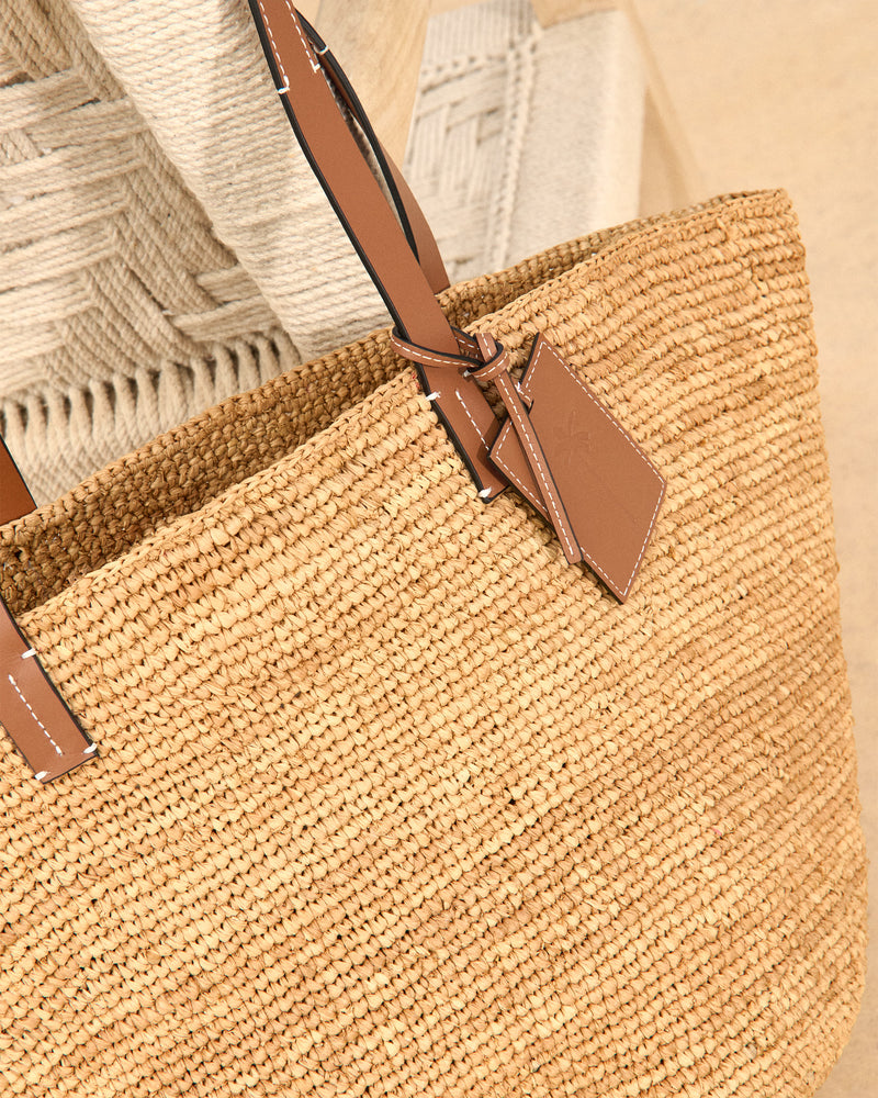 Natural Raffia and Leather|Basket Bag - Leather Tag Tan