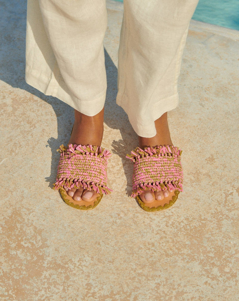 Fringed Knot Sandals - Yucatán - Pink Green Melange