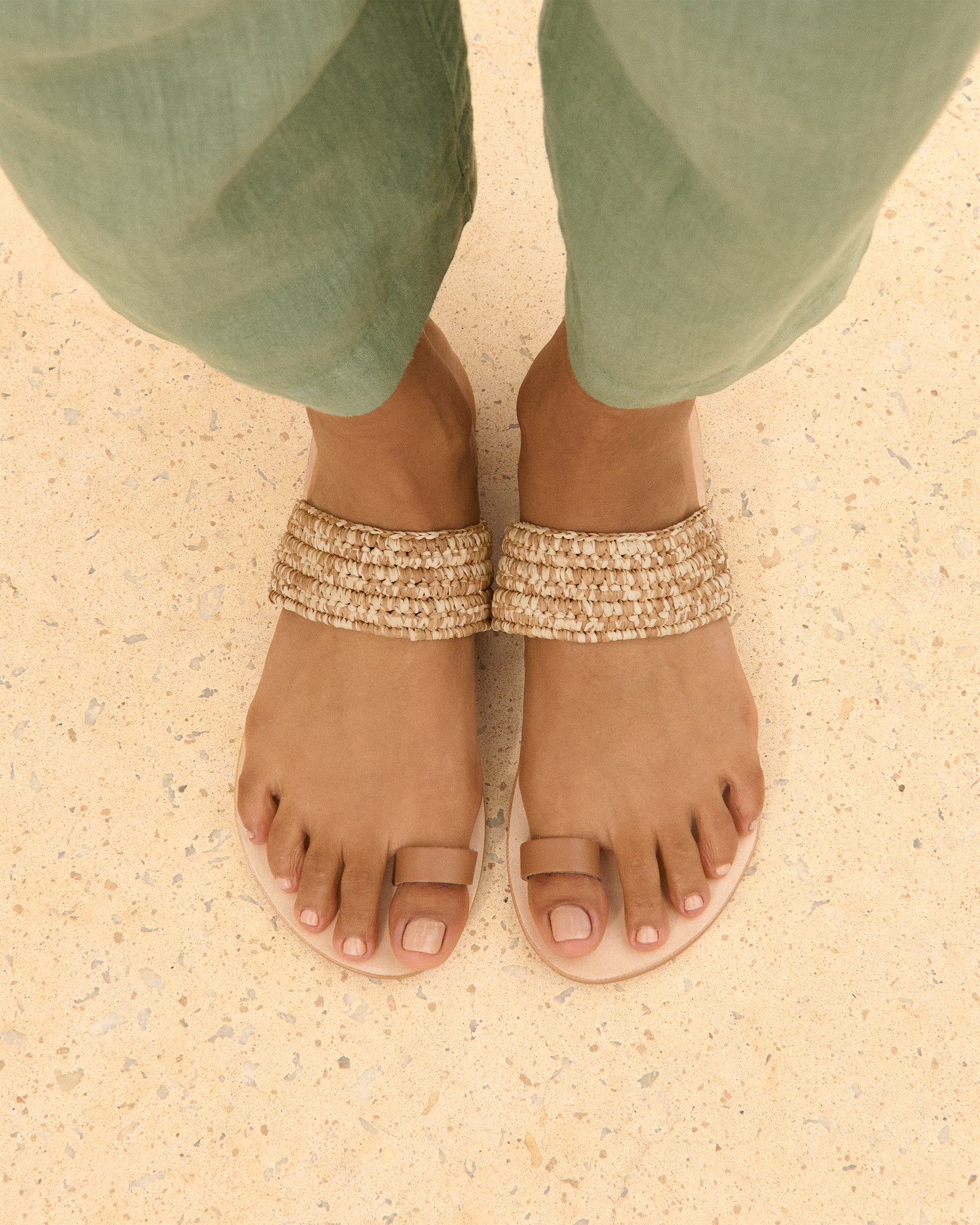 Raffia & Leather Sandals - Yucatán Cream Beige Mélange Toe Ring