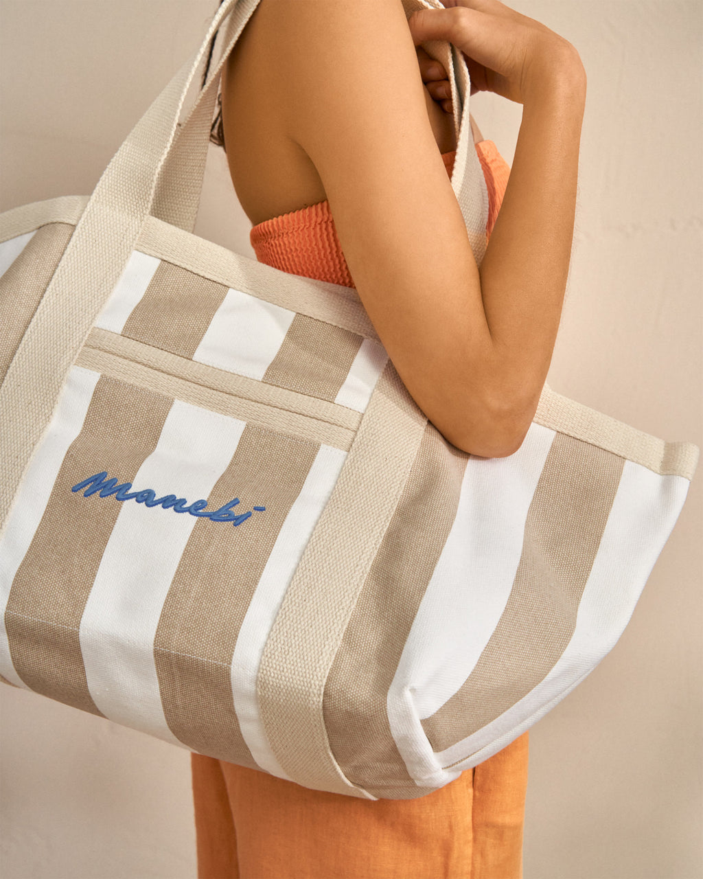 Canvas Tote Bag - Embroidered Logo - White And Beige Stripes