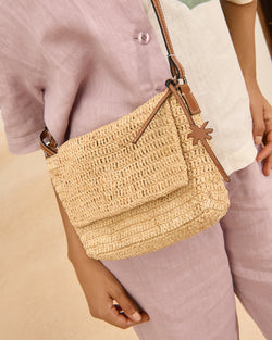 Raffia Summer Night Bag Medium  - Leather Handle & Palm Leather Tag Natural and Brown