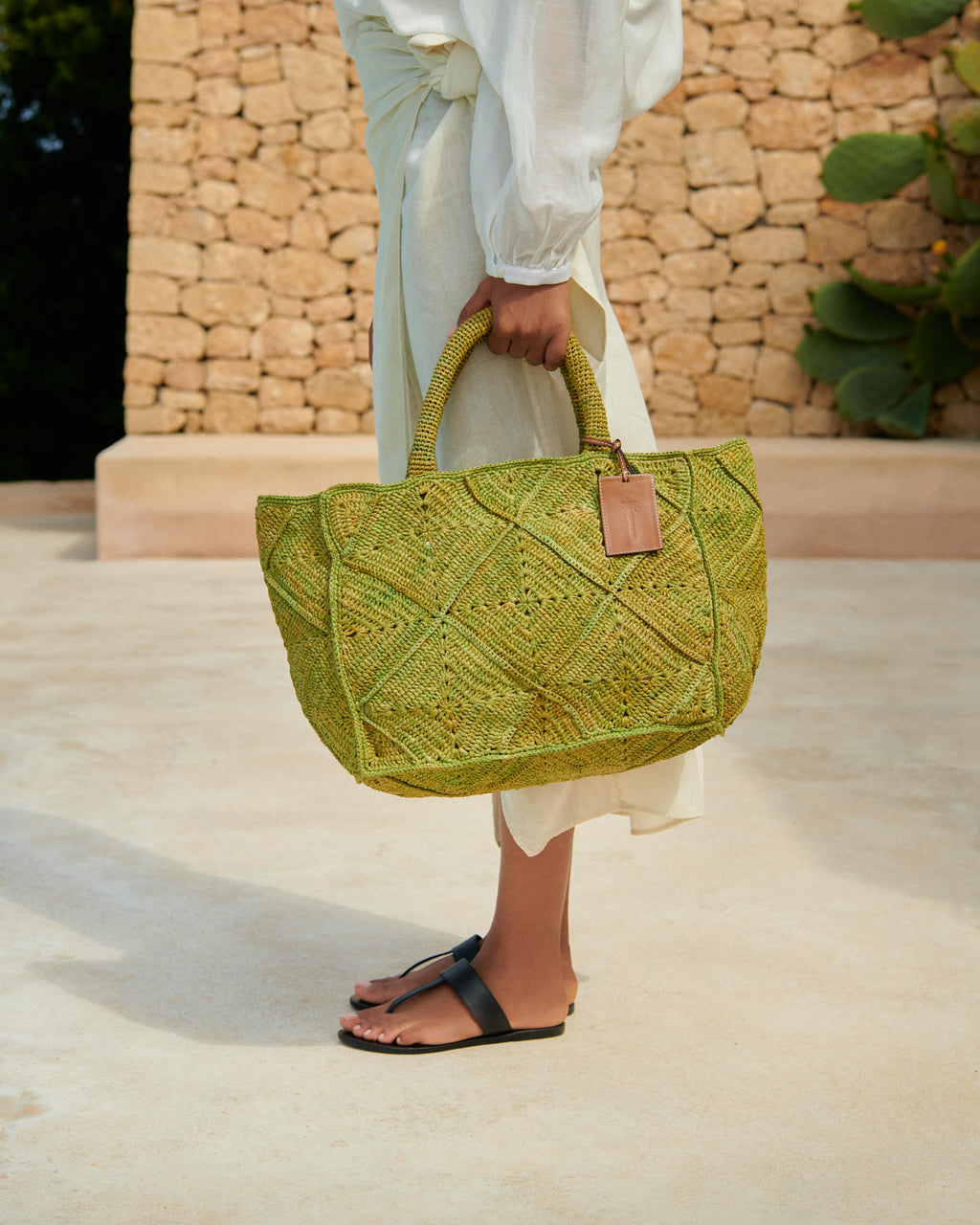 Raffia Sunset Bag Large - Leather Tag - Kaki Crochet