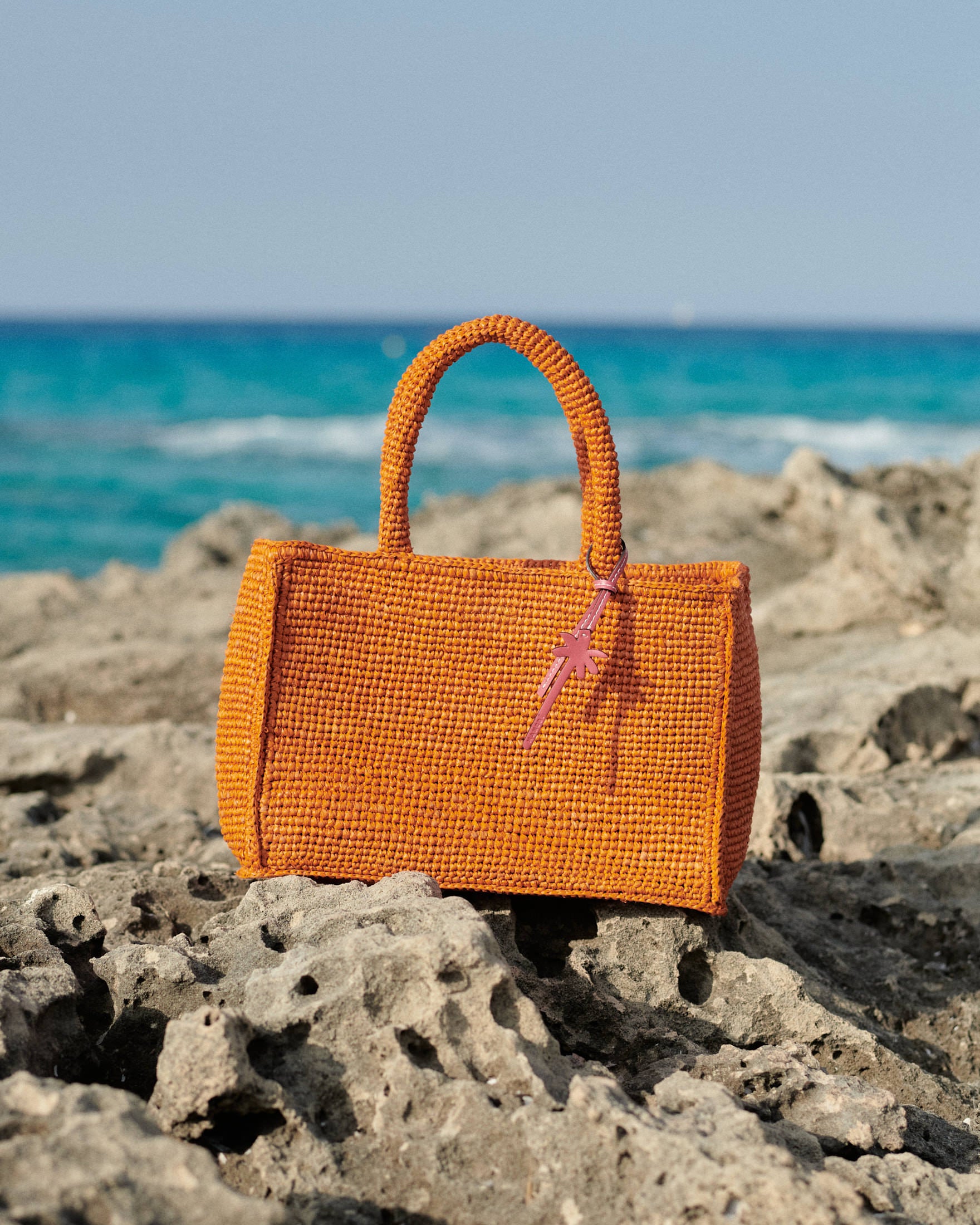 Raffia Sunset Bag Small - Palm Leather Tag - Orange
