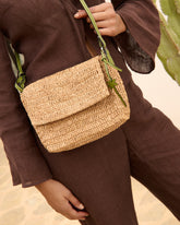 Raffia Summer Night Bag Medium - Palm Leather Tag Tan & Green | 
