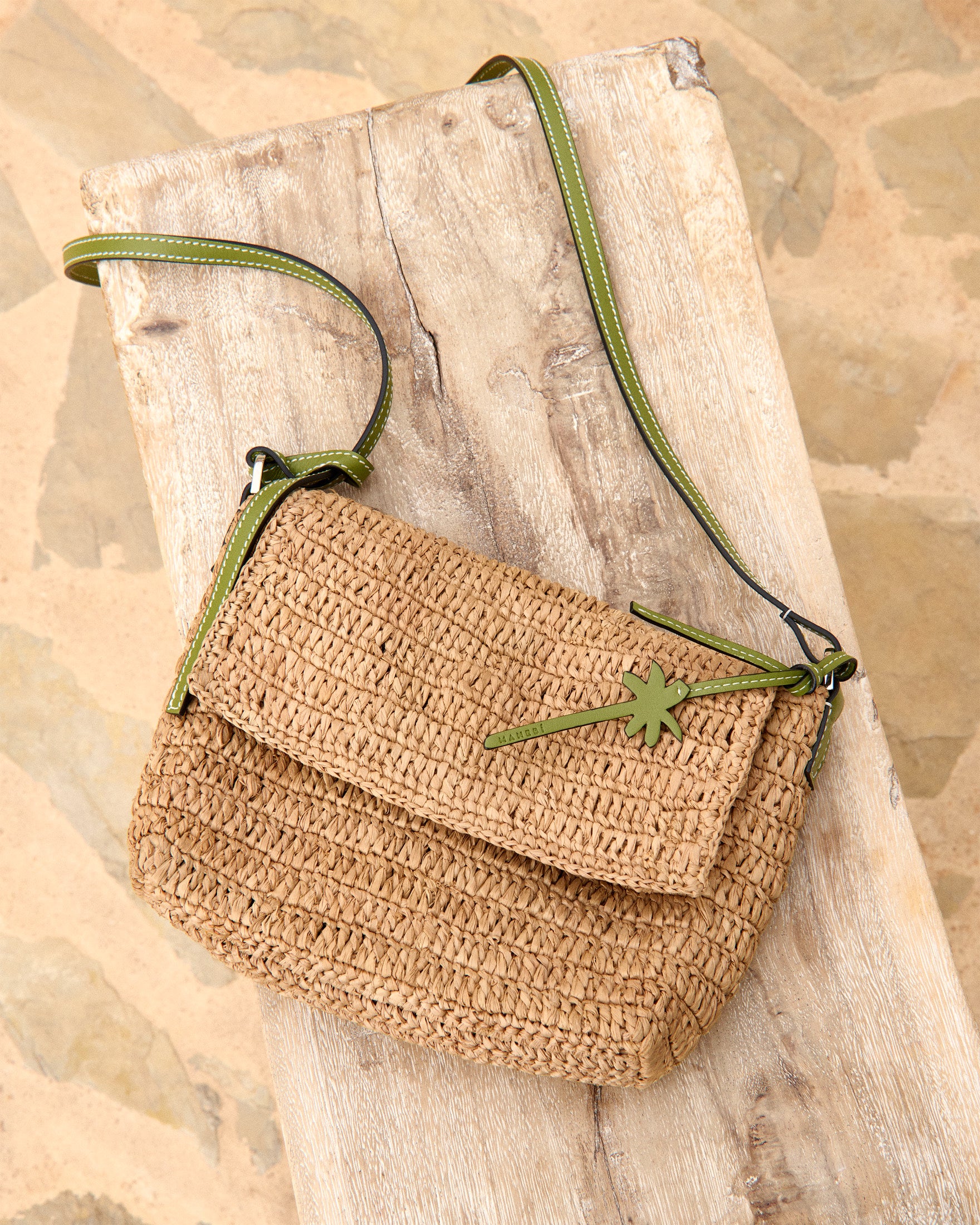 Raffia Summer Night Bag Medium - Palm Leather Tag Tan & Green