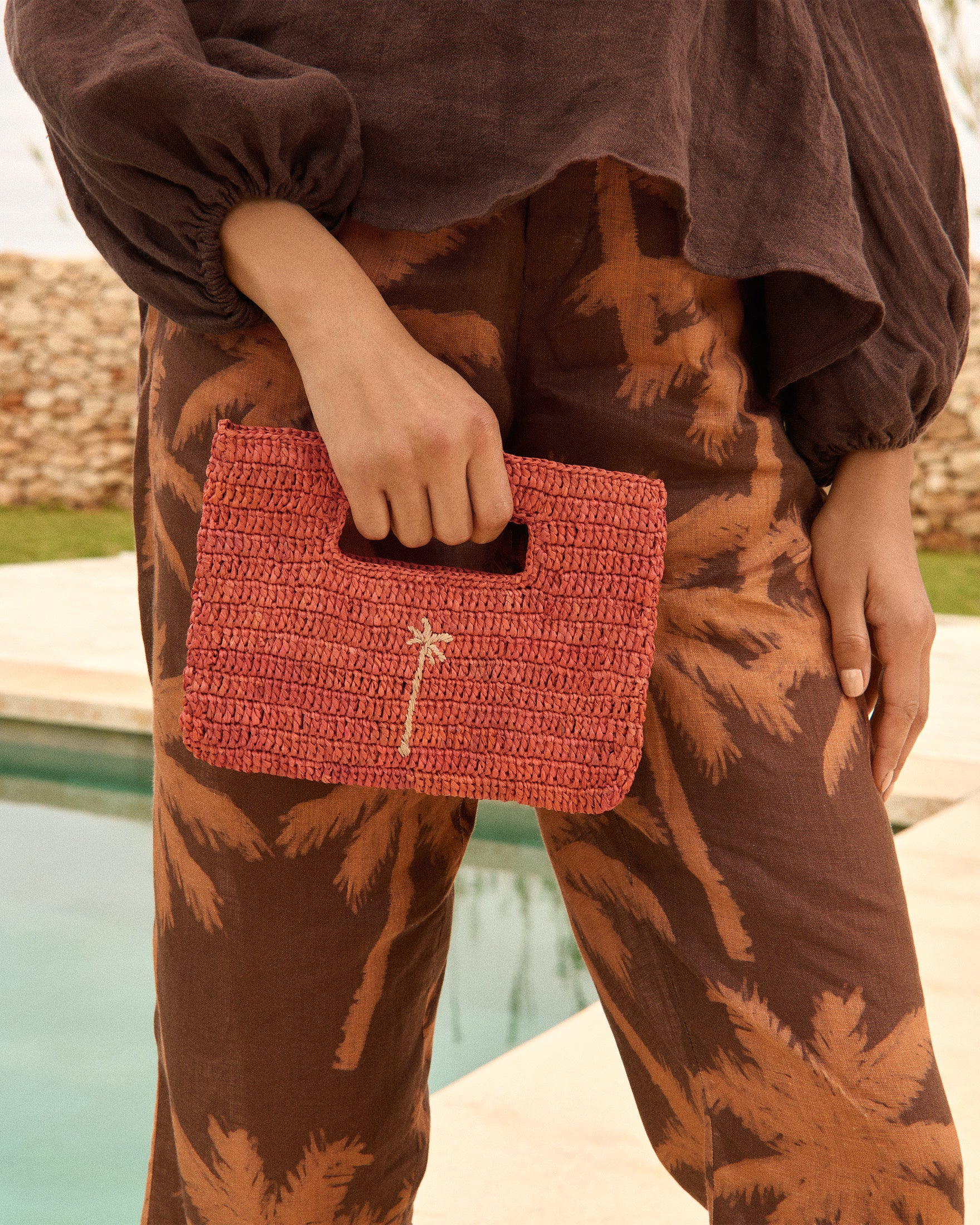 Manebí Raffia Handbag Mini - Rust With Tan Palm