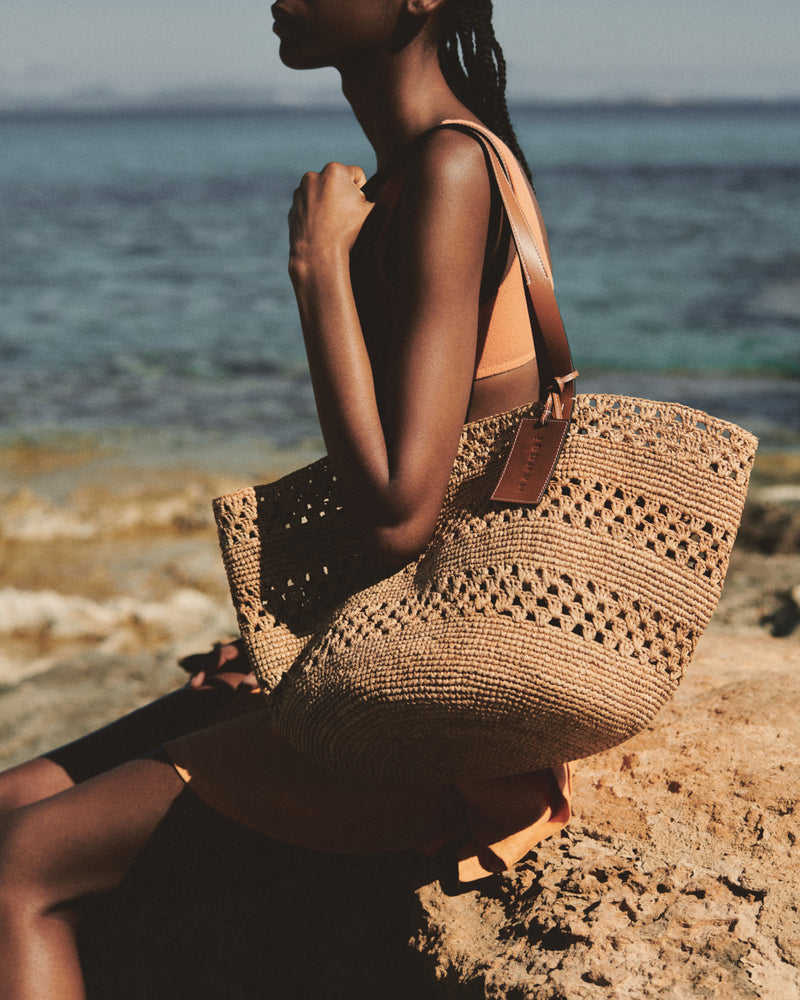 Manebi | Weaving Raffia & Leather Basket Bag - Leather Tag - Tan ...