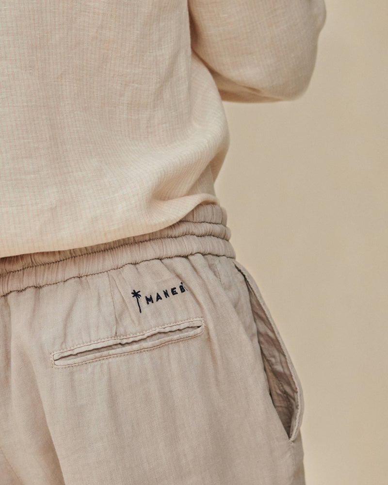 Light Linen Venice Trousers - Embroidered Logo - Kaki Beige