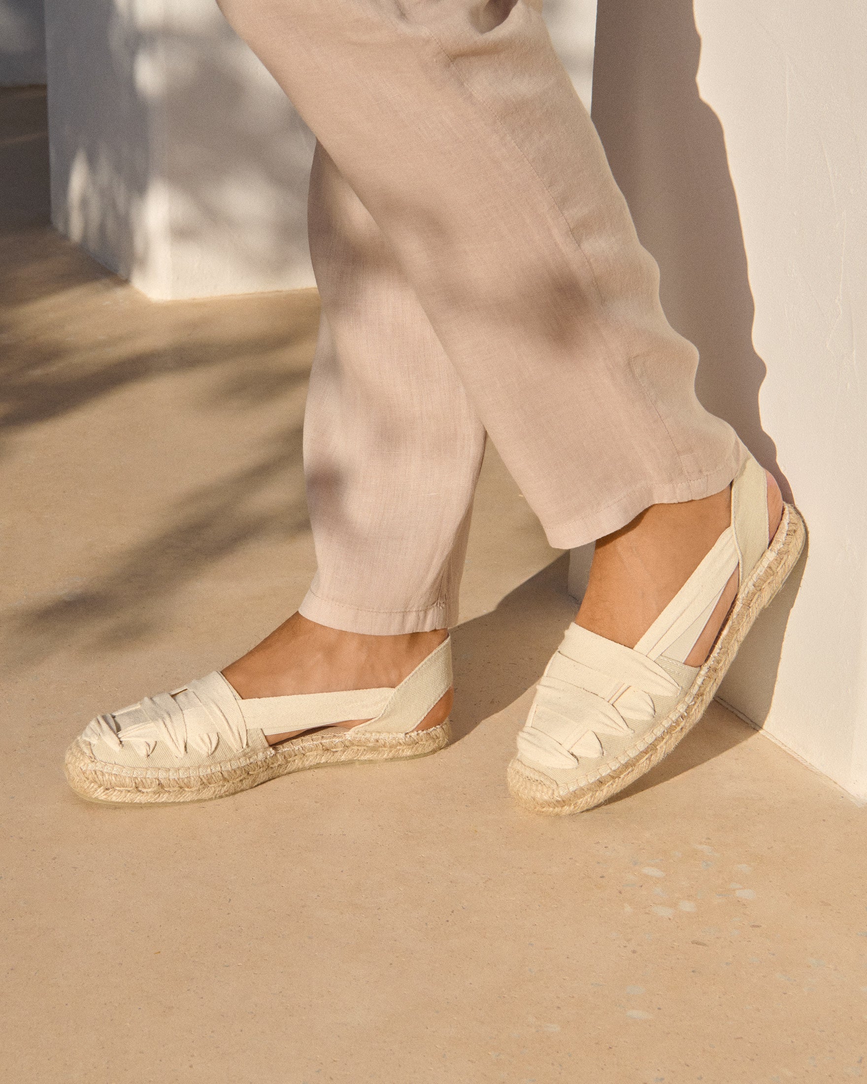 Canvas With Grosgrain|Open-Side Flat Espadrilles - Yucatán Natural And White