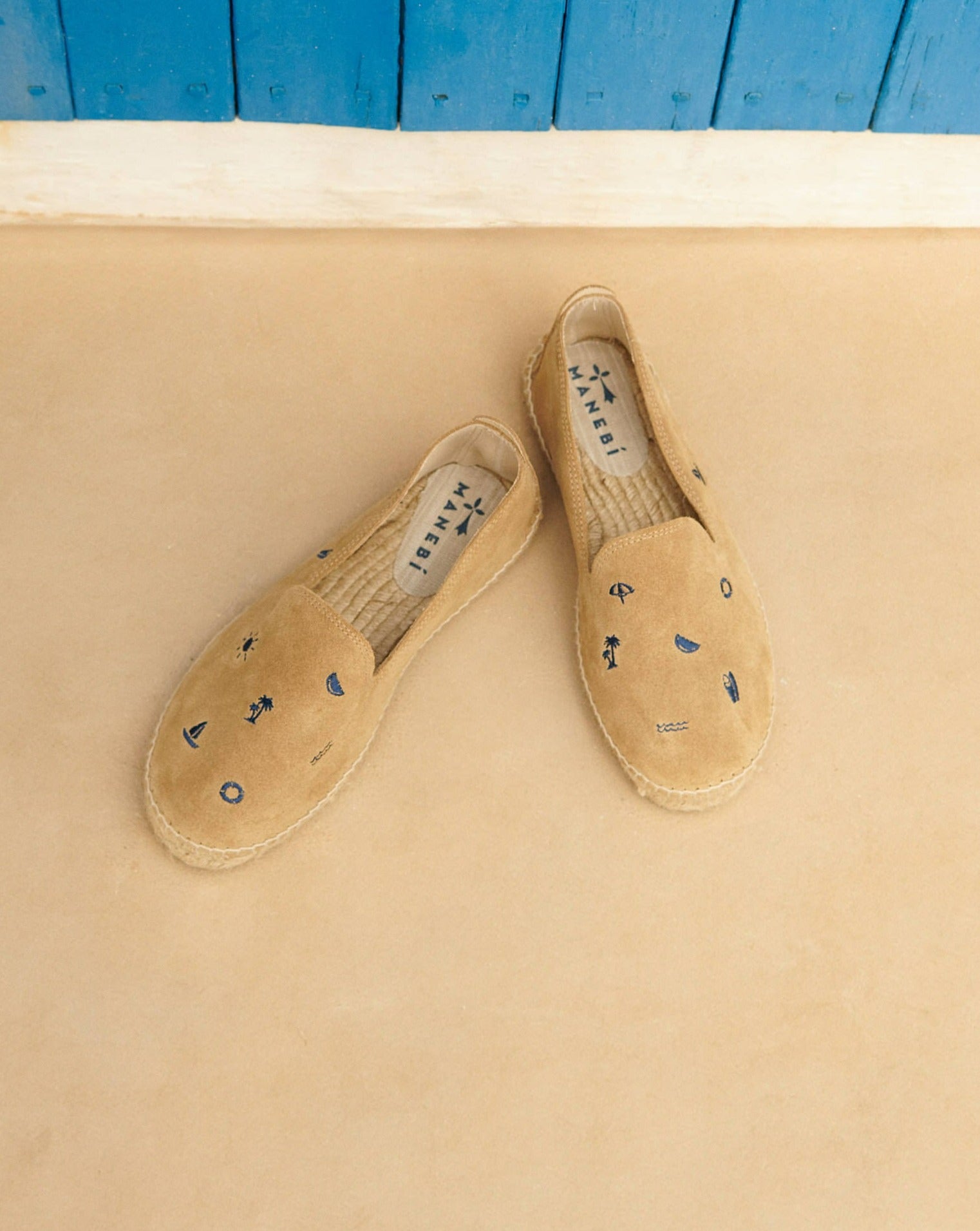 Suede With Embroidery Flat Espadrilles - Palm Springs - Washed Beige & Navy Summer Stickers