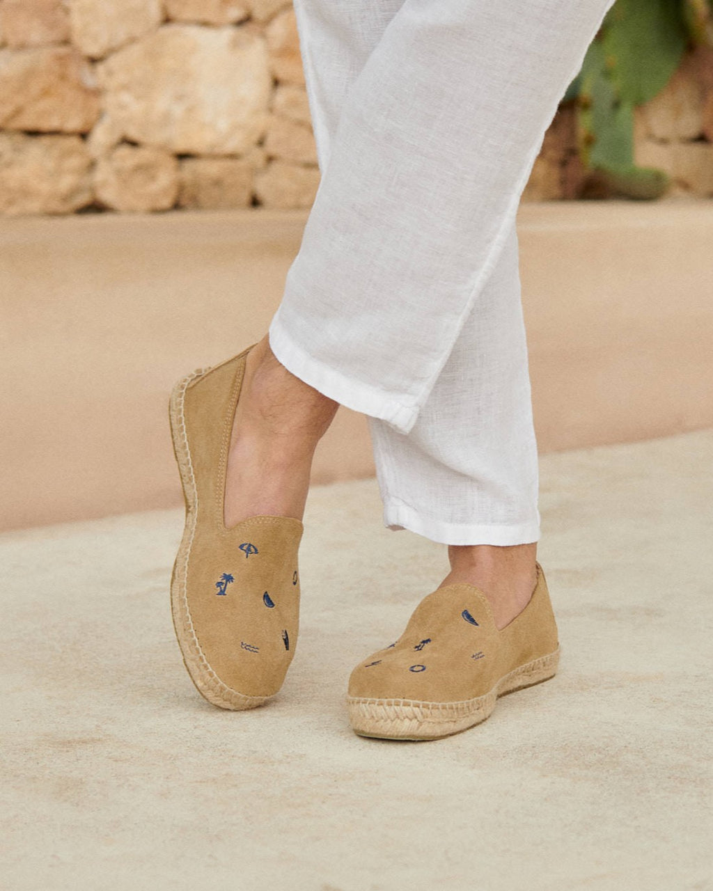 Suede With Embroidery Flat Espadrilles - Palm Springs - Washed Beige & Navy Summer Stickers