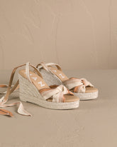 Cotton Linen And Silk Raw Fabric<br />Wedge Espadrilles With Knot - Women’s Sandals | 