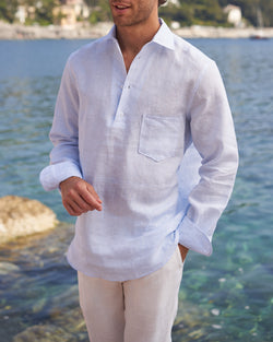 Nassau Polo Shirt - Linen - White And Light Blue Mini Stripes