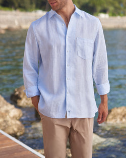 Panama Shirt - Linen - White And Blue Mini Pied De Poule