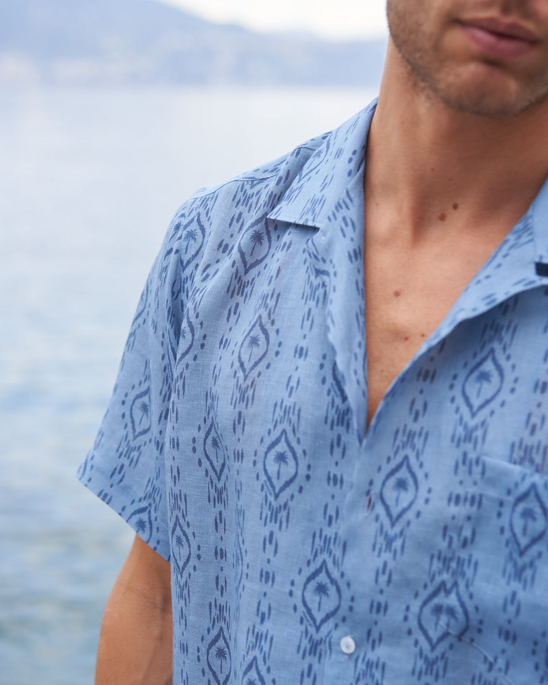 Havana Camp-Collar Shirt - Linen - Ikat Print Indigo Avio