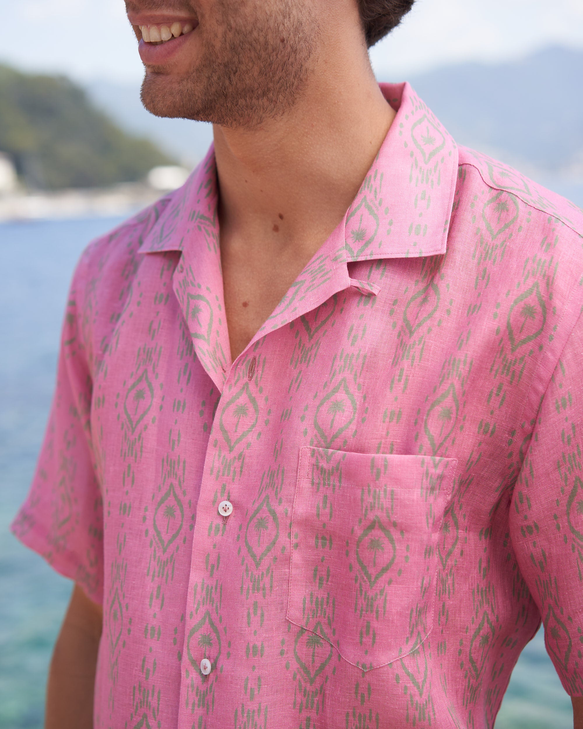 Havana Camp-Collar Shirt - Linen - Ikat Print Rose Green