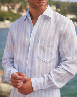Panama Shirt - Linen - White And Light Blue Macro Stripes