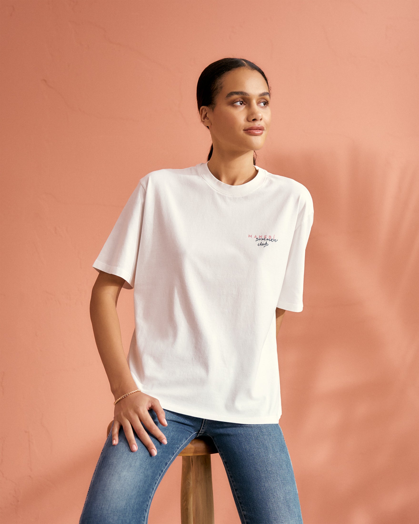 Jersey L. A. T-Shirt - Off White, Indigo Embroidery & Sunset Back Print