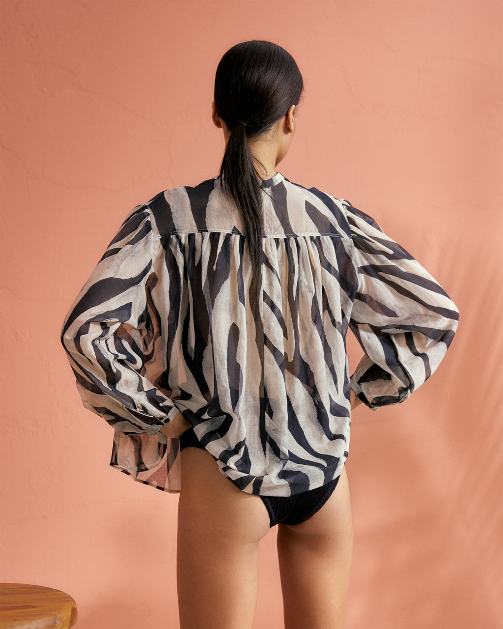 Printed Cotton Silk Voile Baja Shirt - Black Off White Maxi Zebra
