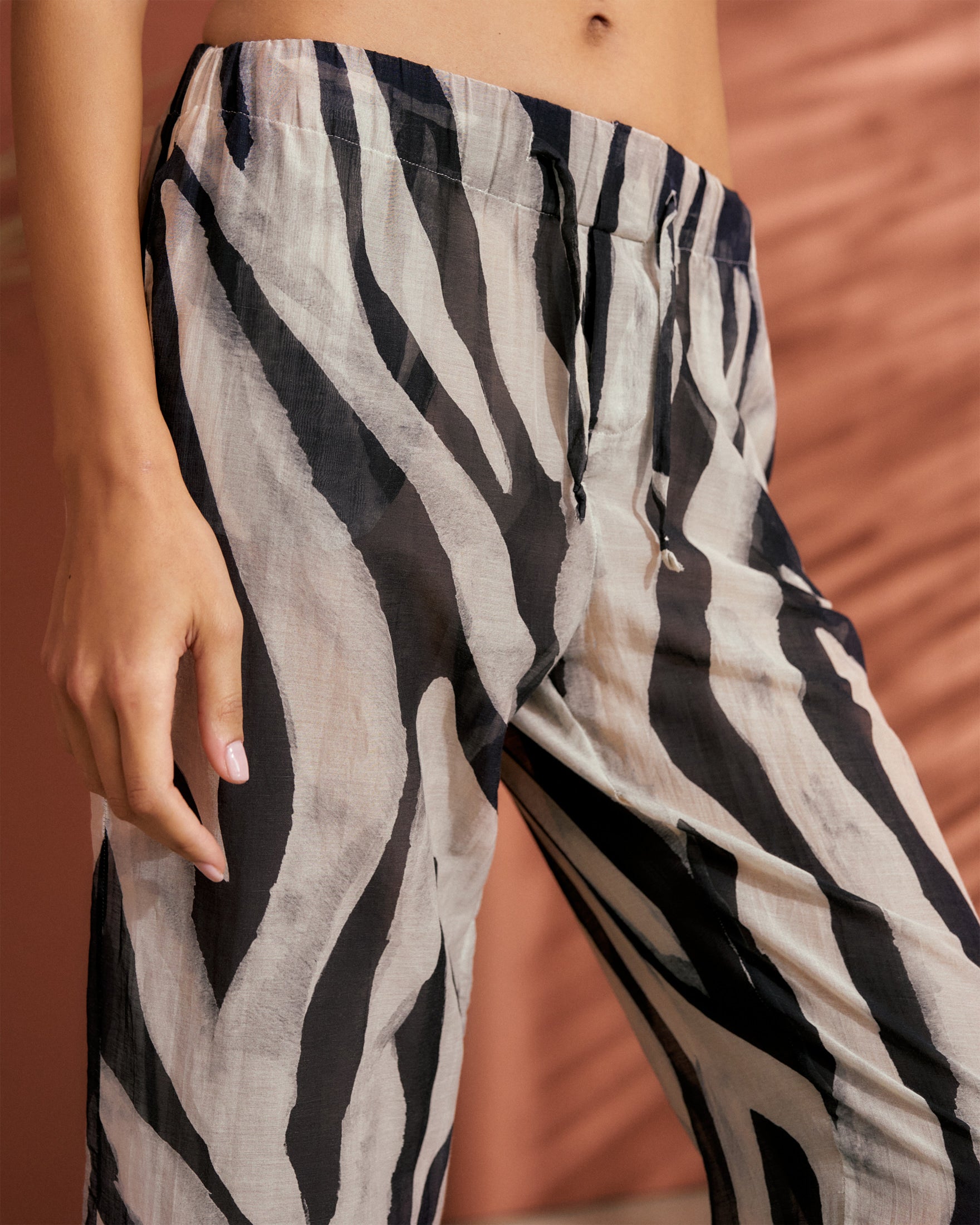 Printed Cotton Silk Voile Belem Trousers - Elasticated Waistband - Black Off White Maxi Zebra