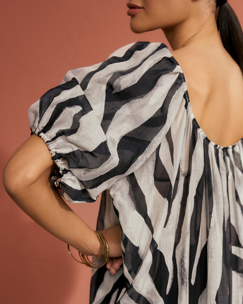 Printed Cotton Silk Voile Capri Dress - Black Off White Maxi Zebra