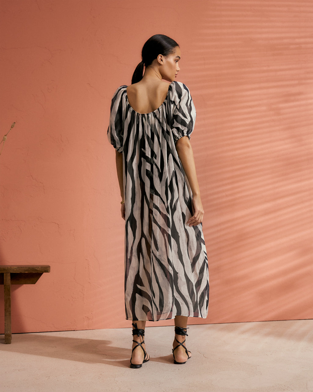 Printed Cotton Silk Voile Capri Dress - Puffed Sleeves - Black Off White Maxi Zebra
