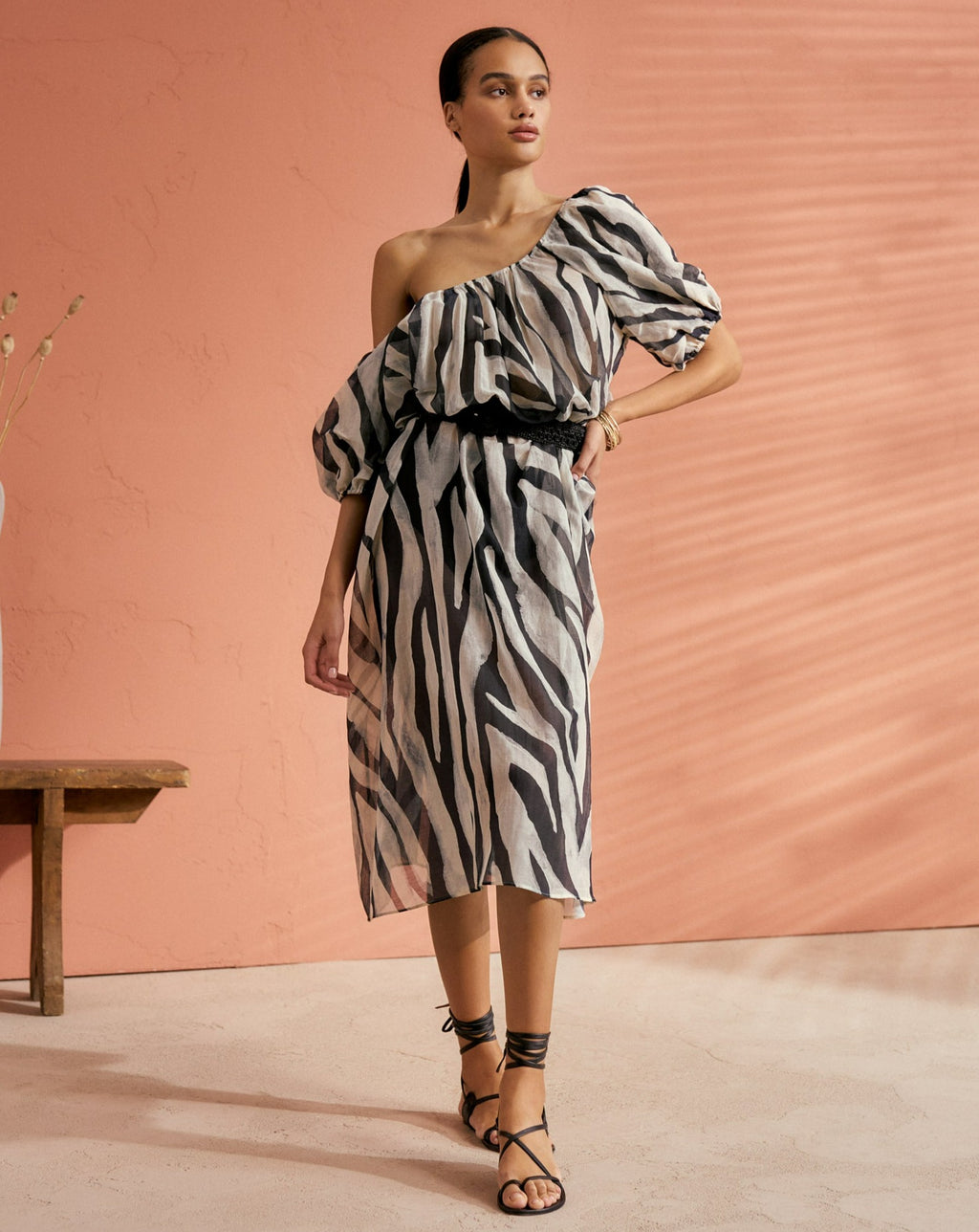 Printed Cotton Silk Voile Capri Dress - Puffed Sleeves - Black Off White Maxi Zebra