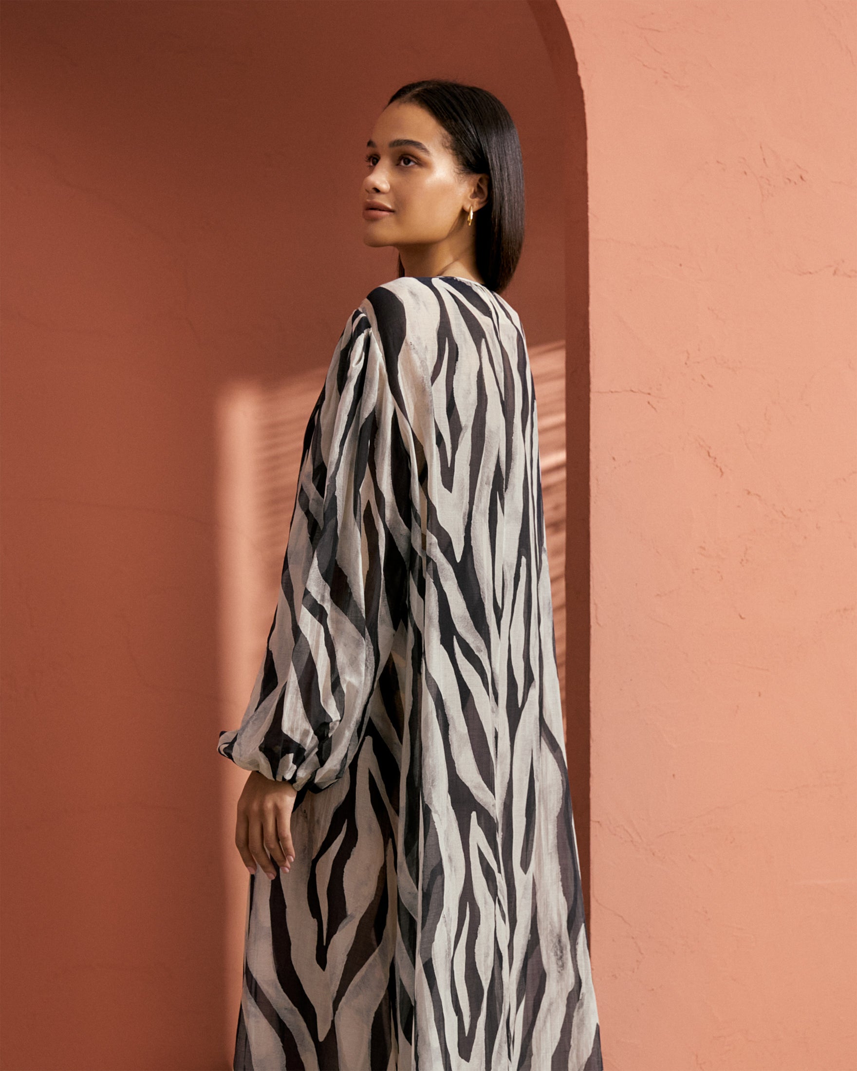 Printed Cotton Silk Voile Goias Dress - With Central Slit - Black Off White Maxi Zebra