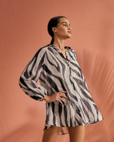Printed Cotton Silk Voile Ibiza Dress - Black Off White Maxi Zebra | 