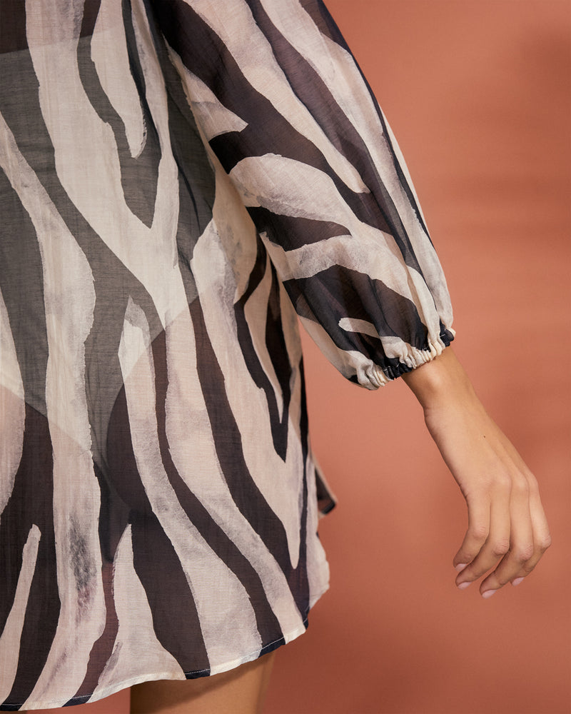 Printed Cotton Silk Voile Ibiza Dress - Black Off White Maxi Zebra