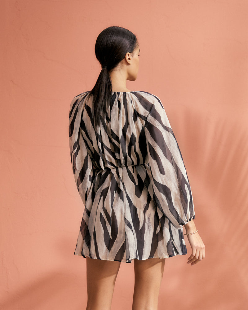 Printed Cotton Silk Voile Minorca Dress - Black Off White Maxi Zebra