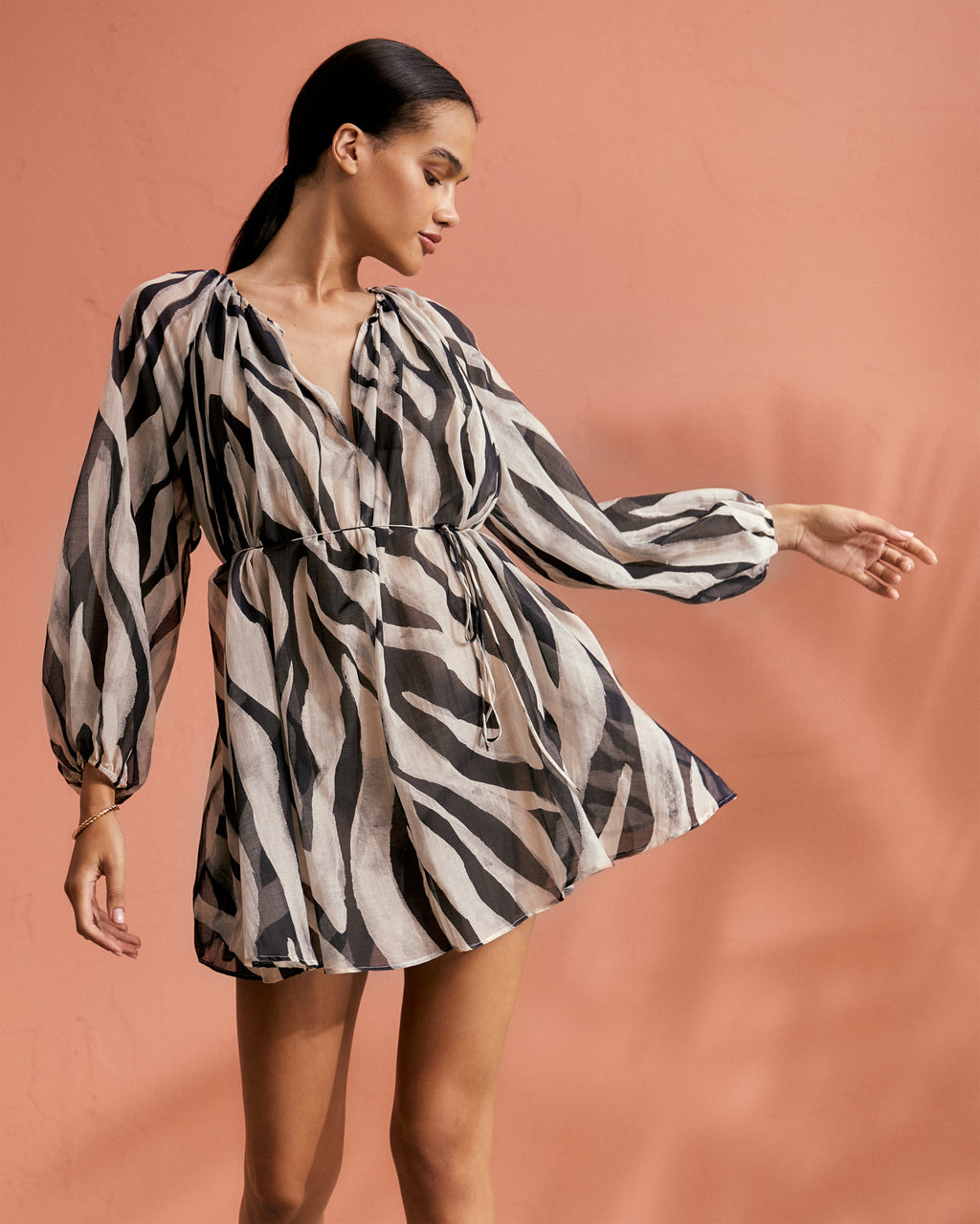 Printed Cotton Silk Voile Minorca Dress - Black Off White Maxi Zebra