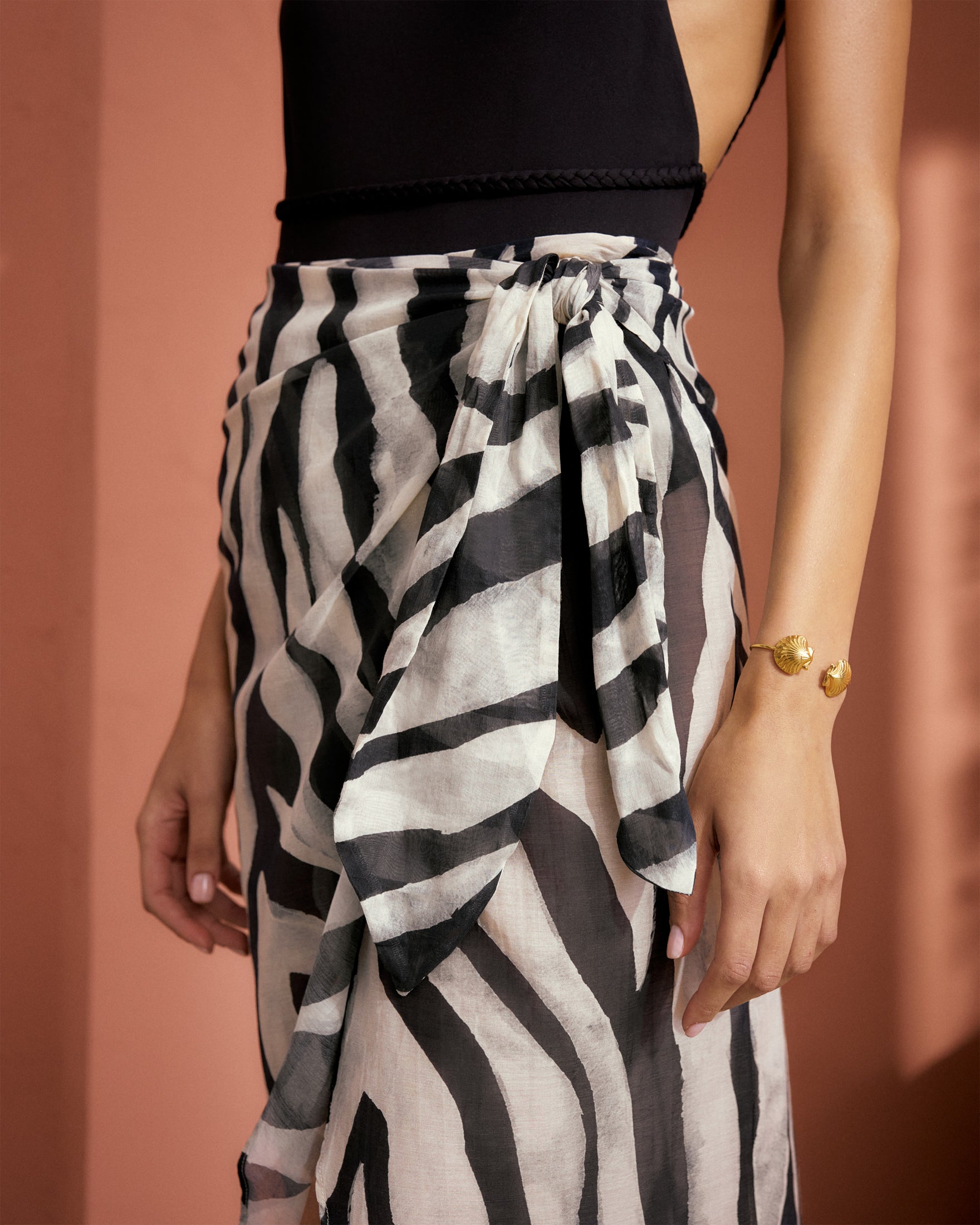 Printed Cotton Silk Voile Lencois Skirt - Wraparound Design With Knot - Black Off White Maxi Zebra