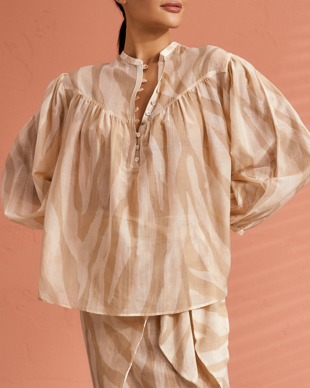 Printed Cotton Silk Voile Baja Shirt - Beige Off White Maxi Zebra