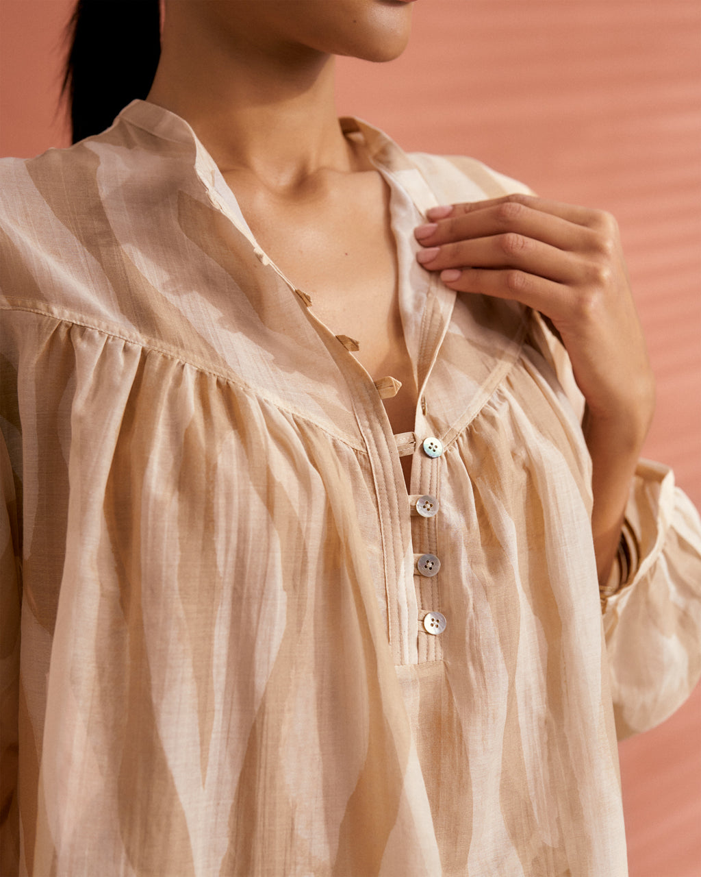 Printed Cotton Silk Voile Baja Shirt - Deep Neckline With Botton Closure - Beige Off White Maxi Zebra